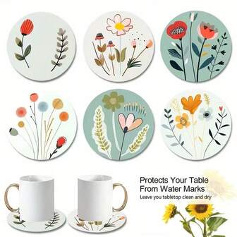 6 piezas/Set Posavasos de madera con ilustración floral, diseño botánico verde, 300 Sets/1800 piezas