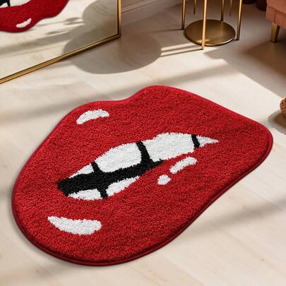 1pc Dajian Red Lip Cherry Blossom Bath Mat - Super Soft Non-Slip Absorbent Bathroom Carpet, Red Lip Cherry Blossom Design, Plush TPR Backing, Machine Washable For Bathroom, Shower, Home Decor - Valentine's Day Gift Idea, Shower Mat, Playful Design