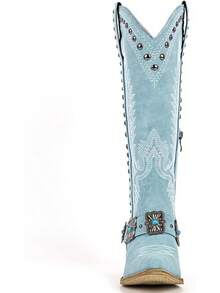 Women's Cowboy Boots, Knee-High Western Cowboy Boots, Embroidered Decorations, Belt Buckle Chain Design, Retro Western Style Fashion Women's Boots - Blue - View 3
