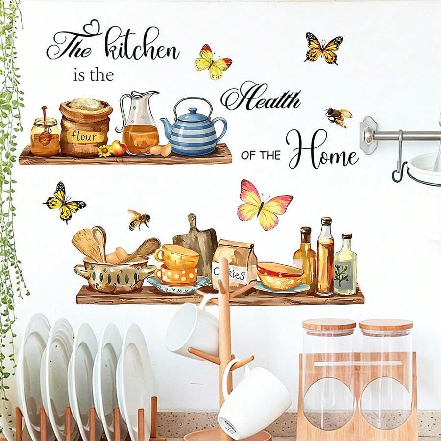 1/4pcs Creative Wall Stickers, Kitchen Shelves & Utensils, Letter & Butterfly Pattern, Removable Waterproof PVC Decals For Kitchen, Dining Room, Living Room Wall Decor - Multicolor - View 1