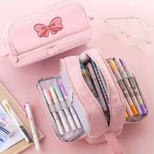 Pink Bow Pencil Pouch Cute Large Pencil Case Organizer Multifunctional Big Capacity Pencil Pouch With 3 Compartmens, Aesthetic School Supplies Pencil Bag For Office Travel Men Women Pull-Out Large-Capacity Pen Bag With Shoelace Handle,Back To School Supplie Essentials Office Supplies Valentine's Day Gifts,Stationery - Multicolor - View 6
