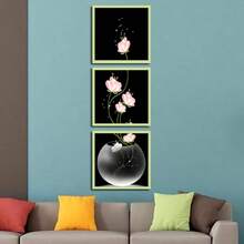 3 piezas de arte de pared de lienzo cuadrado con flores rosas sin marco, tema floral, perfecto para decorar la sala de estar, el dormitorio, el comedor, la oficina, la cafetería, para uso en interiores - Multicolor - Ver 1