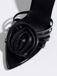 Women's High Heel Shoes, Fashionable And Elegant For Spring/Summer Parties, Outdoor Events, Banquets. Unique Threaded Pointed Toe Design, Shiny Metallic Finish, Floral Rose Decor, Soft Mirror-Like Material, Sexy Slip-On Mule Style, Comfortable And Stable High Heel, Suitable For Casual, Home, Outdoor, Travel, Party, Dance - Black - View 6