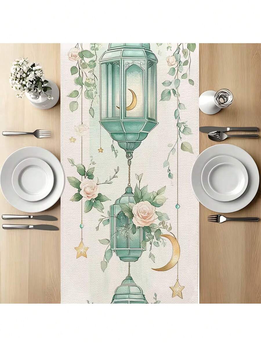 1件斋月桌旗，适用于婚礼和特殊场合 - 优雅的绿色灯笼图案，饰以星星和新月，以及柔和的粉色玫瑰 - 伊斯兰餐桌装饰，斋月佳节必备 - 薄荷藍 - 查看 1