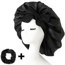 两件套奢华丝缎睡帽，包含丝缎发圈、大号柔软丝滑缎面蝴蝶结，优雅睡帽，可调节舒适贴合，系带式 - 男女通用护发产品，舒适荷叶边设计，贴合头部，保护秀发 | 丝缎睡帽 | 光滑丝缎