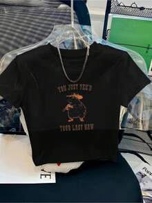 Women'S Y2K Retro Graphic T-Shirt With"You Just Yee'd Your Last Naw"Slogan & Frog Design - Lightweight Breathable Short Sleeve Round Neck Crop Top, Sexy Waist-Revealing Fit, Casual Summer Outfits, Machine Washable Soft Fabric For Daily Wear & Them - 黑色 - 查看 1