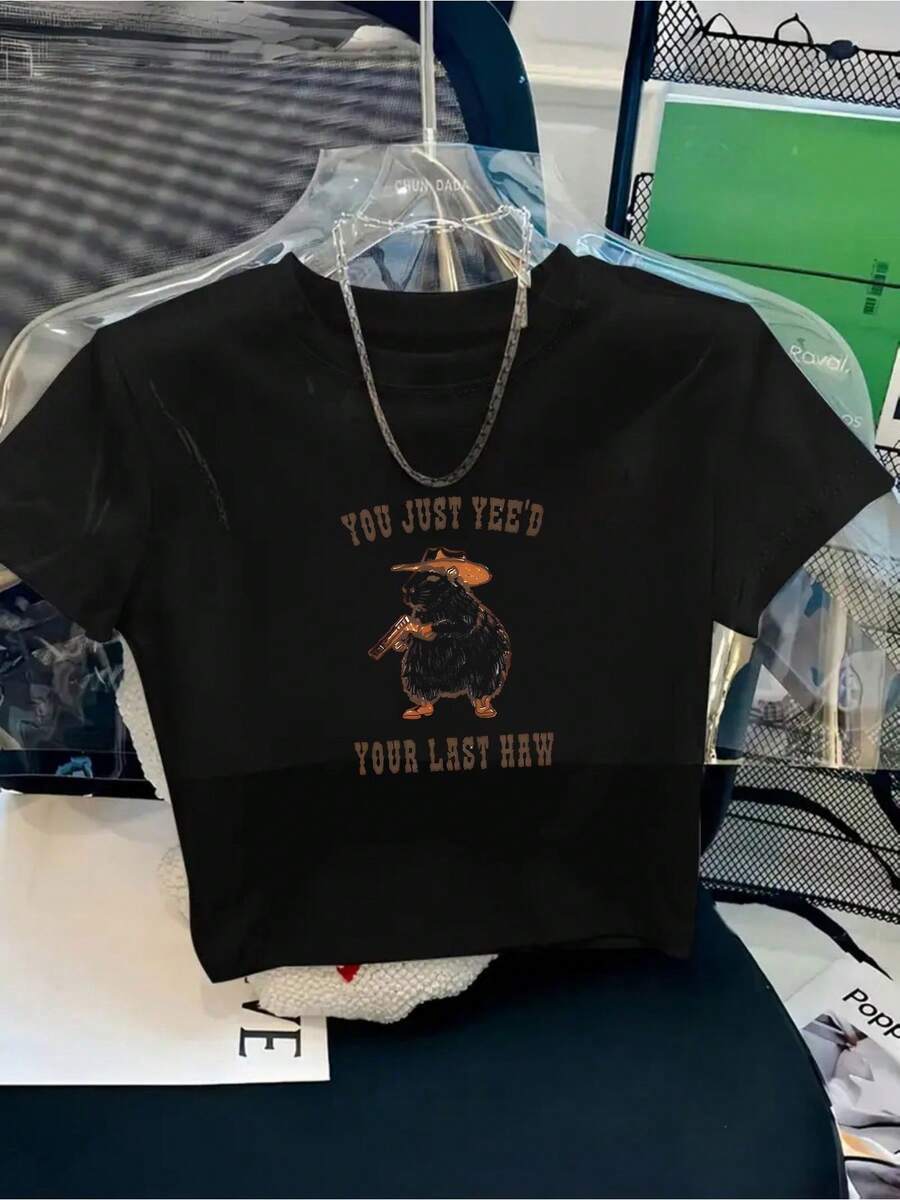 Women'S Y2K Retro Graphic T-Shirt With"You Just Yee'd Your Last Naw"Slogan & Frog Design - Lightweight Breathable Short Sleeve Round Neck Crop Top, Sexy Waist-Revealing Fit, Casual Summer Outfits, Machine Washable Soft Fabric For Daily Wear & Them - 黑色 - 查看 1