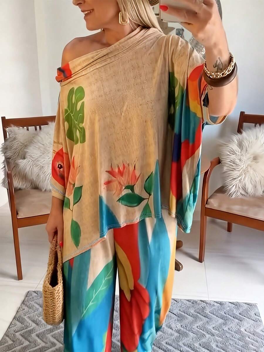Women's Elegant 2 Pieces Set, Featuring All-Over Printed Design, Loose Top And Casual Wide-Leg Pants. The Top Has An Asymmetric Hemline, Suitable For Spring/Summer Outings And Vacations. - Multicolor - View 1