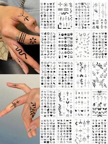 20张黑色临时手指纹身贴纸，可爱海娜风格，包含数百种图案，例如树叶、花朵、爱心、星星、符号、水果、音乐图标、各种动物（如蝴蝶、猫、狗、骆驼、鸟类等）。迷你图案，防水，持久，简约逼真，男女皆宜，可贴于耳后、手指、颈部、脚踝等部位。 - 黑色 - 查看 1