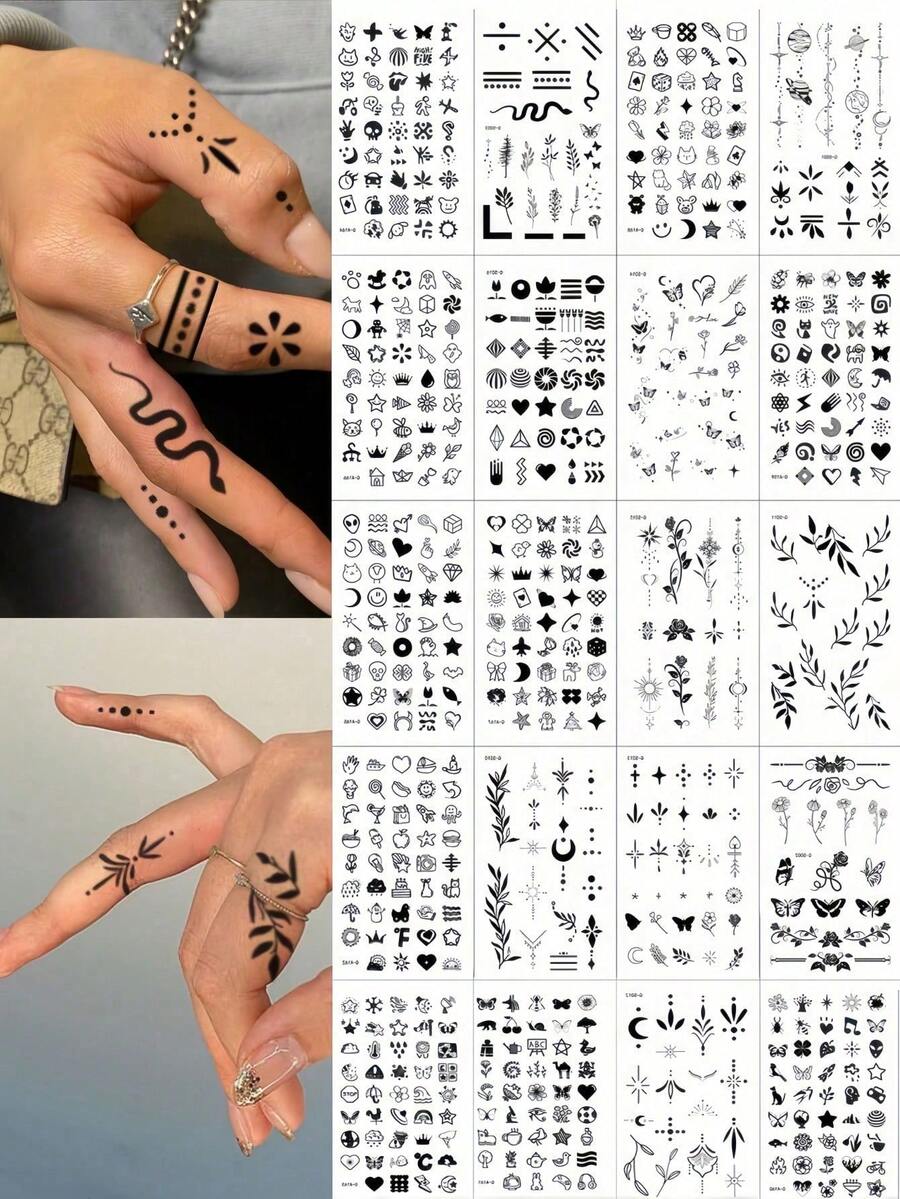 20张黑色临时手指纹身贴纸，可爱海娜风格，包含数百种图案，例如树叶、花朵、爱心、星星、符号、水果、音乐图标、各种动物（如蝴蝶、猫、狗、骆驼、鸟类等）。迷你图案，防水，持久，简约逼真，男女皆宜，可贴于耳后、手指、颈部、脚踝等部位。 - 黑色 - 查看 1