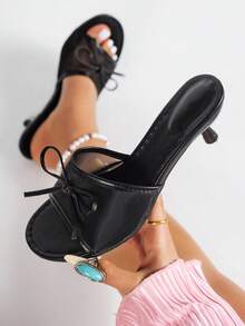 New Soft Mesh Design, Bow Decor, Leather Round Toe Flat Slippers, Kitten Heel Sandals, Multi-Function Thin Heel Lace-Up Sandals, Designed For Women, Casual & Versatile - New Summer Collection - Comfortable & Casual - Daily Wear - Beach & Resort - Black - View 1