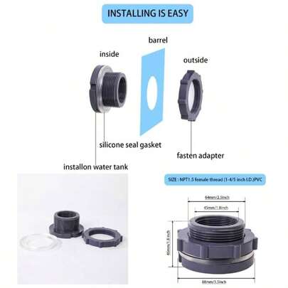 2 Pieces 3/4 Inch PVC Bulkhead Fitting, Rain Barrels, NPT3/4 Female Thread1 Inch I. D. PVC