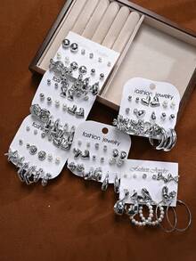 (NUEVO) Set de 2/36 piezas o Set de 1/18 piezas Elegante conjunto de aretes con diseños florales, lazos, geométricos, corazones y estrellas para mujeres, adecuado para vacaciones, fiestas, citas, uso casual, banquetes, diario, viajes, sesiones de fotos