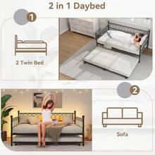 Cama diurna con litera, cama gemela con litera metálica y estación de carga con luces LED, marco de cama convertible con litera extraíble para sala de estar, habitación de invitados, apartamento, espacios pequeños - Negro - Ver 9