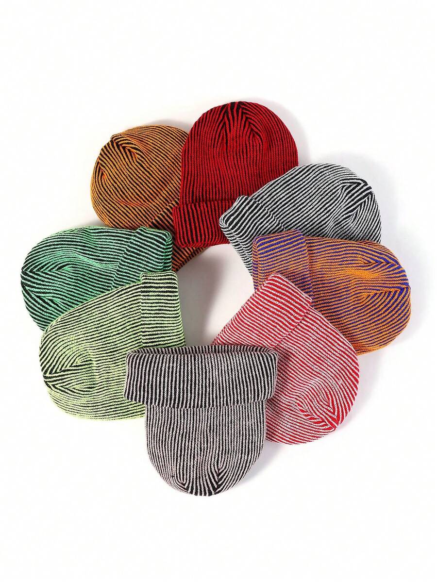1pc Fashionable Striped Short Beanie Hat, Casual Warm Accessory For Autumn/Winter Outfits - Multicolor - View 1