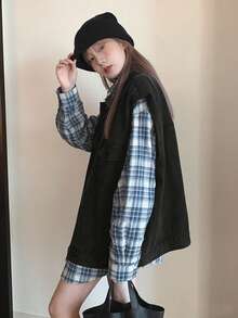 女士休闲时尚街头风纯色可叠穿宽松无袖牛仔背心外套 - 深灰色 - 查看 8