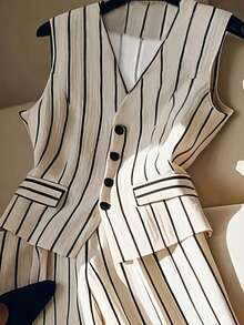 2pcs Elegant Sleeveless Striped Blouse And Slim Fit Suit Pants Set, Waist Cinching, Leg Lengthening Summer - Apricot - View 6