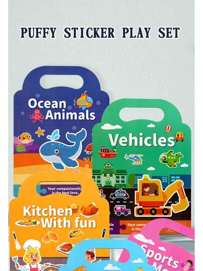 4-In-1 Reusable Foam Sticker Set - Ocean Animals, Vehicles, Kitchen Fun, Sports Themes - Convenient Carry Handle, Learning Toys For Children Aged 3-5