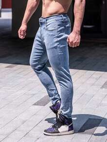 1pc Men's Slim Fit Elastic Streetwear Cargo Jogger Pants, Breathable Casual Solid Color Jeans For All Seasons, Suitable For Urban Walking - Dusty Blue - View 1