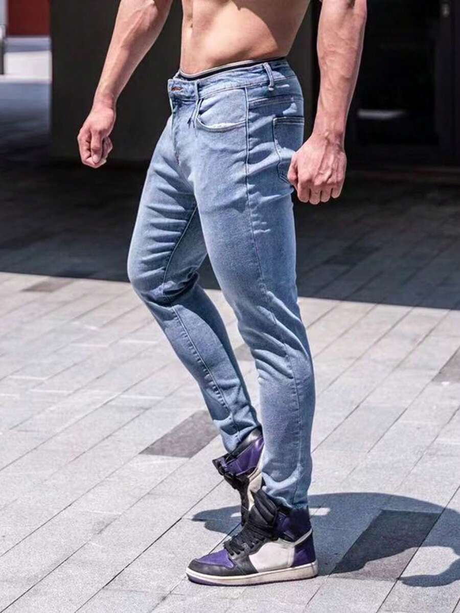 1pc Men's Slim Fit Elastic Streetwear Cargo Jogger Pants, Breathable Casual Solid Color Jeans For All Seasons, Suitable For Urban Walking - Dusty Blue - View 1