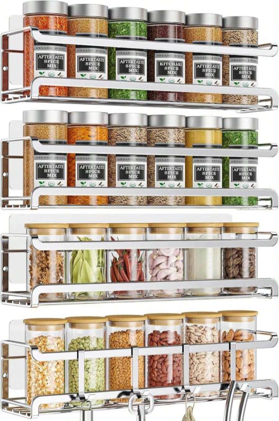 Bunoxea Spice Rack Wall Mounted 4 Pack, Space-Saving Spice Organizer For Spice Jars And Seasonings,Screw Or Adhesive Hanging Spice Rack Organizer For Your Kitchen Cabinet,Or Pantry Door,Chrome - ColorB - 查看 1
