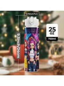 1个K-POP塑料水瓶，卡通印花设计，翻盖式，可重复使用，轻便防漏，适合跑步旅行饮用，可作为生日、圣诞节、万圣节、感恩节礼物 - 彩色 - 查看 2