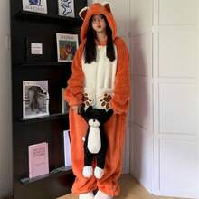 Bộ áo liền quần dài tay bằng vải flannel mùa Thu/Đông mới, họa tiết cáo dày dặn, có mũ trùm đầu, chất liệu lông mềm mại, ấm áp, kiểu hoạt hình, trang trí phòng tắm. - Nhiều màu - Xem 3