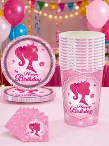 10件套粉色派对用品，公主主题派对装饰，包括餐盘、餐巾纸、桌布，适合公主娃娃主题生日派对、单身派对、新娘送礼会，可供10人使用。 - 彩色 - 查看 1