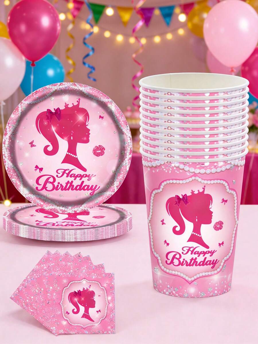 10件套粉色派对用品，公主主题派对装饰，包括餐盘、餐巾纸、桌布，适合公主娃娃主题生日派对、单身派对、新娘送礼会，可供10人使用。 - 彩色 - 查看 1