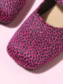 Exclusive Designer Women's Shiny Pink Mohair Leopard Print Mary Jane Flat Shoes | Fashionable Buckle Casual Square Toe Shoes - Hot Pink - View 8