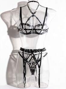 Fetish Lingerie Set With Spaghetti Straps, Hollow-Out, Leopard Print, Revealing Chest, Sexy - White - View 7