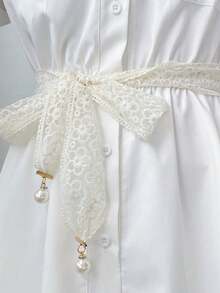 1件装女士丝带腰带珍珠装饰甜美连衣裙腰部配饰，适合日常穿着