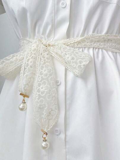 1件装女士丝带腰带珍珠装饰甜美连衣裙腰部配饰，适合日常穿着