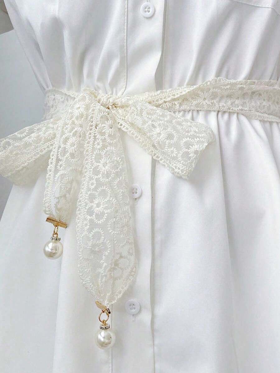 1件装女士丝带腰带珍珠装饰甜美连衣裙腰部配饰，适合日常穿着