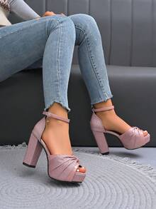 Women's Fashion Comfortable Round Toe Peep-Toe Rhinestone Embellished Open Toe Ankle Strap Buckle Design Outdoor Casual Versatile Dance Party Platform Chunky High Heel Sandals, Pink - Pink - View 4