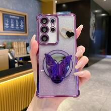 Diamond Butterfly Hidden Stand New Electroplated Edge Shockproof Phone Case + DIY + Glitter Card + Electroplated Glitter Hidden Stand - Suitable For IPhone 16/15 ProMax, A35/A15/S24/S25, Applicable To Apple, Moto/Redmi Note 14 - Purple - View 2