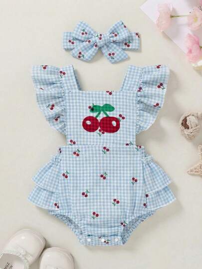 1pc Baby Girl Cute Cherry Print Flutter Sleeve Bodysuit, Lightweight Blue & White Plaid Bow Decor Bodysuit, Soft & Sweet Outfit For Daily Wear, Summer