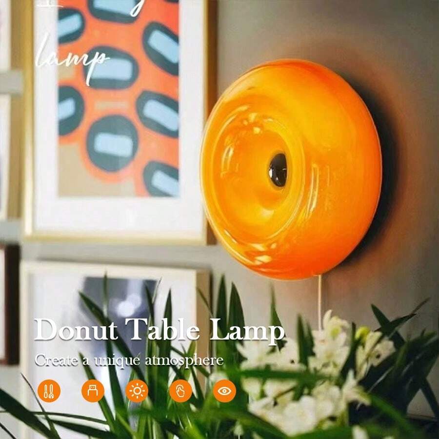 1 đèn bàn LED hình bánh donut màu cam, đèn trang trí không gian cắm trại, công tắc cảm ứng - điều chỉnh độ sáng 3 màu, chao đèn ABS, thích hợp cho phòng ngủ, phòng khách, phòng ăn, văn phòng, trang trí nhà cửa, độ sáng có thể điều chỉnh.