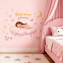 1张公主主题儿童卧室墙贴，卡通女孩身穿粉色连衣裙，手捧鲜花和爱心，适合婴儿房/游戏室DIY家居装饰墙贴 - 彩色 - 查看 6