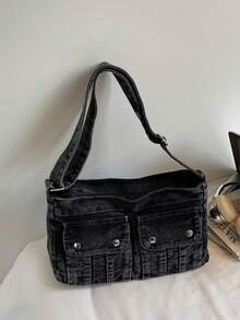 复古女士单肩包，多功能高品质腋下包，小众时尚牛仔手提包带吊坠 - 黑色 - 查看 7