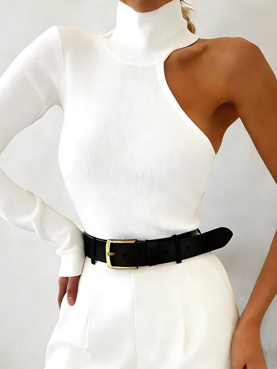 Solid Color Asymmetric Neckline Bodysuit White Elegant Fall - White - View 1