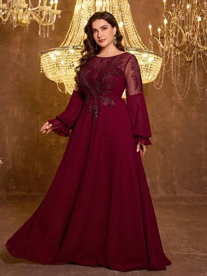  SUPGIR Plus Size Women's Round Neck Lantern Sleeve Luxury Faux Pearl & Sequin Patchwork Chiffon Formal Evening Dress Spring Elegant