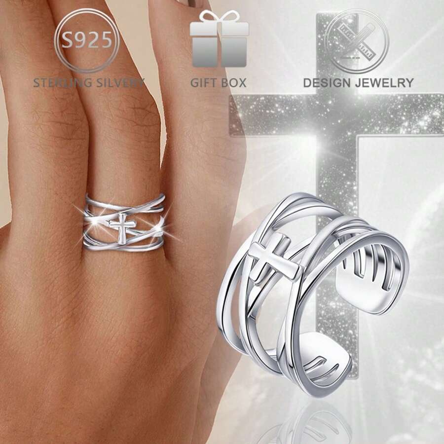 1pc 925 Sterling Silver Minimalist Fashion Multi-Layer Cross Design Wide Band Ring, Suitable For Everyday, Casual, Holiday Wear, Birthday Gift - Silver - View 1