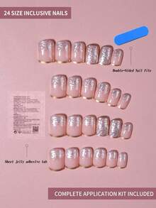 24pcs/Set Medium Square Shiny Colored French Manicure Nail Stickers, Containing Glitter, Full Coverage Acrylic False Nails, Includes 1pc Jelly Gel And 1pc Nail File, Suitable For Women And Girls For Daily Work, Study And Gatherings - 彩色 - 查看 3