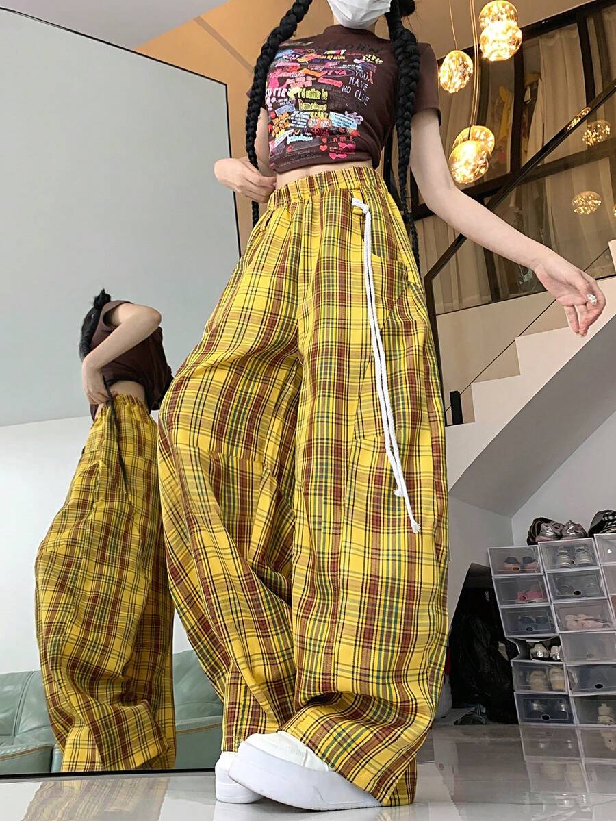 复古美式撞色格纹筒裤，夏季女款，宽松抽绳设计，休闲百搭。 - 黃色 - 查看 1