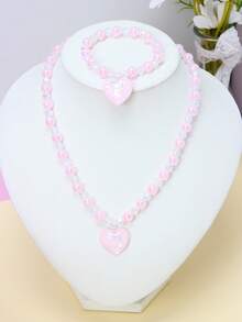 2pcs/Set Girls Cute Bow Heart Pendant Pearl Beaded Bracelet Necklace Jewelry Set, Suitable For Holiday Party, School, Birthday Gift