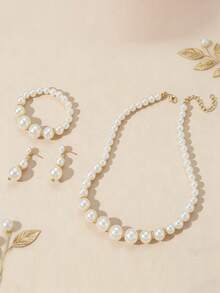 Bộ 4 món trang sức thời trang thanh lịch dành cho bé gái, gồm vòng cổ, vòng tay và bông tai đính ngọc trai giả, thích hợp đeo hàng ngày, dự tiệc và làm quà tặng. - Nhiều màu - Xem 2