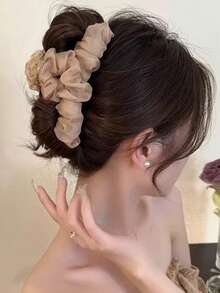 1pc Solid Color Organza Scrunchie, All Season Hair Clips Fashion Hair Accessories - Khaki - View 2
