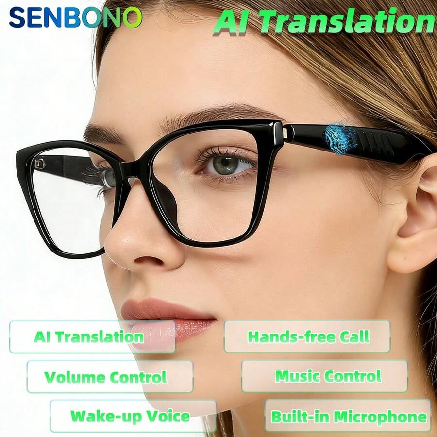 SENBONO AI翻译智能眼镜,这款眼镜支持高清音频、音乐播放控制和免提通话,内置麦克风,让您轻松听音乐和管理通话,时尚美观。 - 黑色 - 查看 1