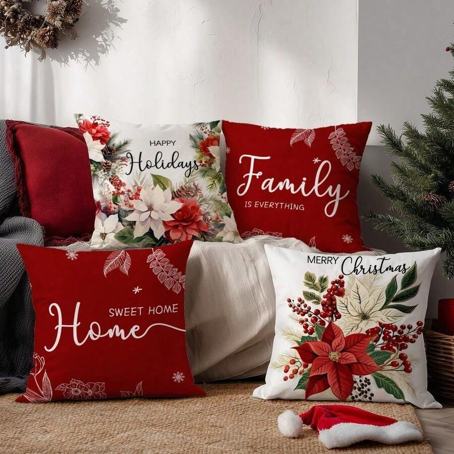 4pcs Christmas Vintage Poinsettia Wreath Throw Pillow Cover Set, Single-Sided Printed Peach Velvet Polyester Material, 45*45/50*50/40*40CM Cushion Cover Suitable For Room Decor, Modern Minimalist Sofa Living Room Decor, Gift, Party Decoration - 多色-1 - 查看 1